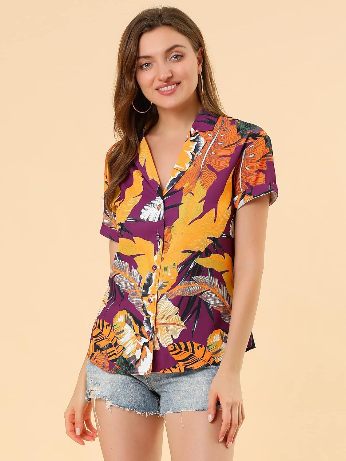 imageAllegra K Womens Hawaiian Shirts Floral Top Printed Short Sleeve Button Down Shirt Summer Tropical TopsPurple