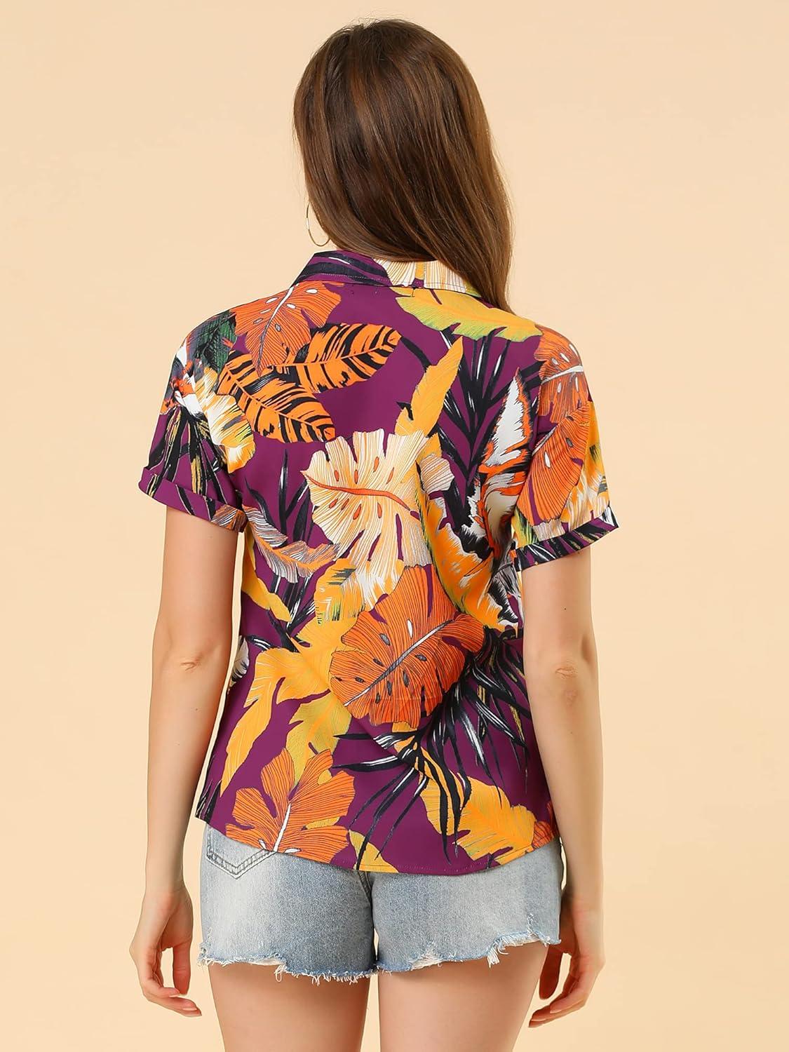 imageAllegra K Womens Hawaiian Shirts Floral Top Printed Short Sleeve Button Down Shirt Summer Tropical TopsPurple