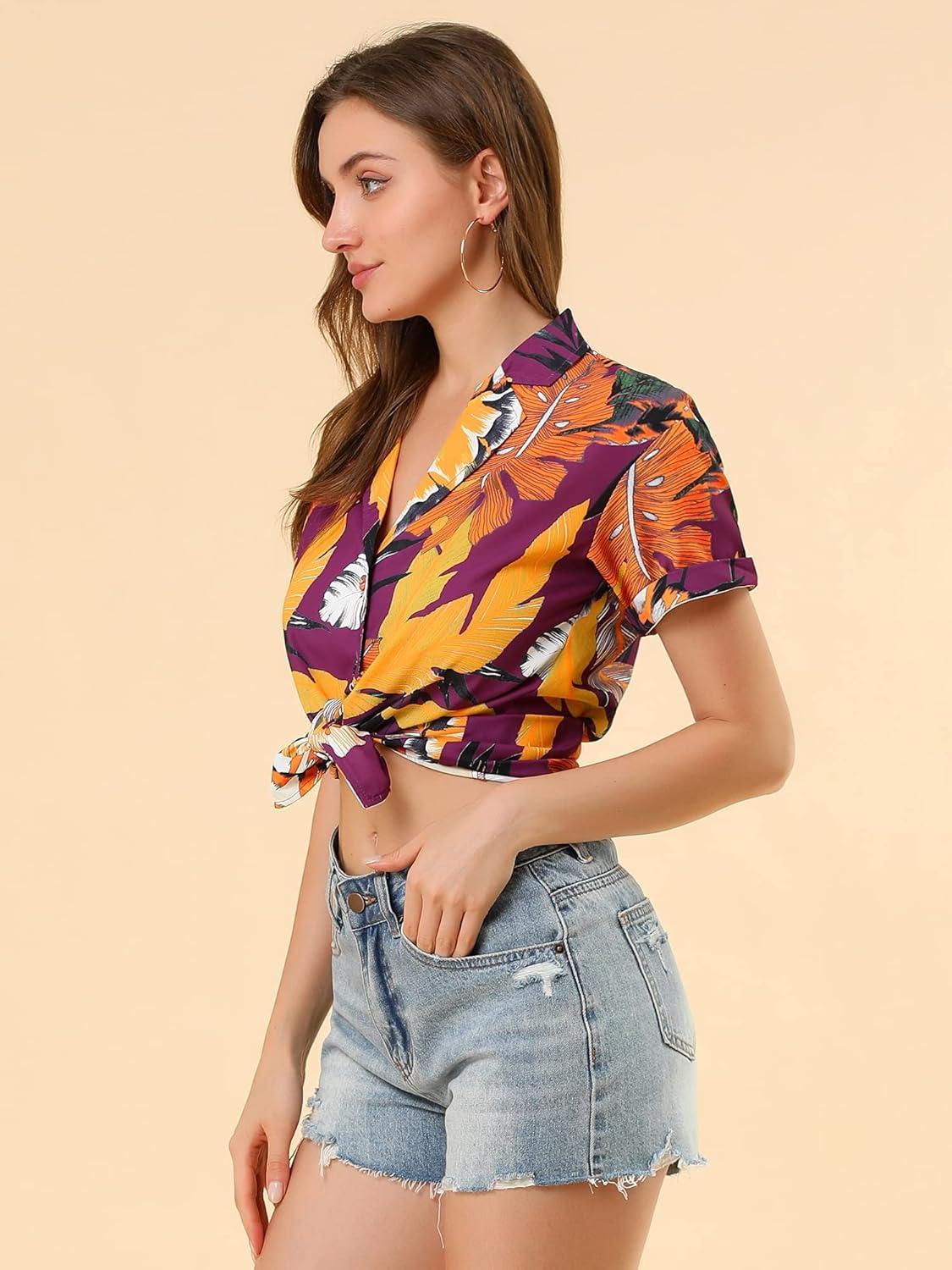 imageAllegra K Womens Hawaiian Shirts Floral Top Printed Short Sleeve Button Down Shirt Summer Tropical TopsPurple