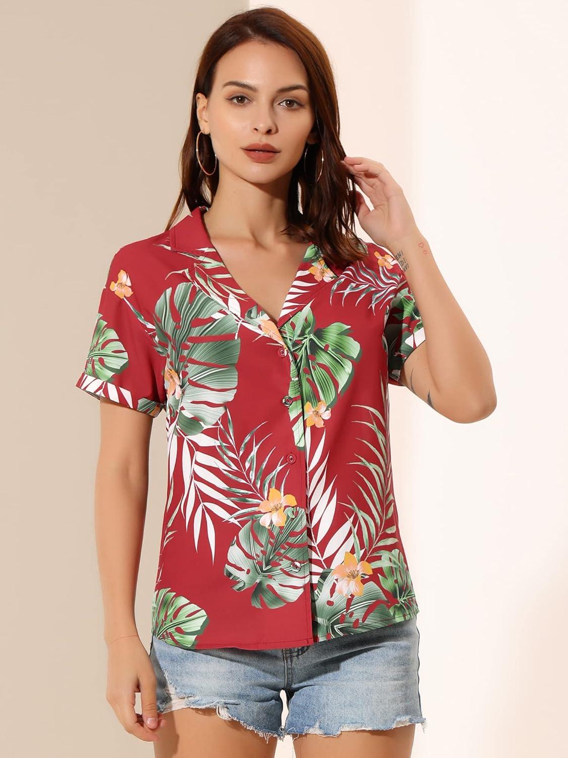 imageAllegra K Womens Hawaiian Shirts Floral Top Printed Short Sleeve Button Down Shirt Summer Tropical TopsRed