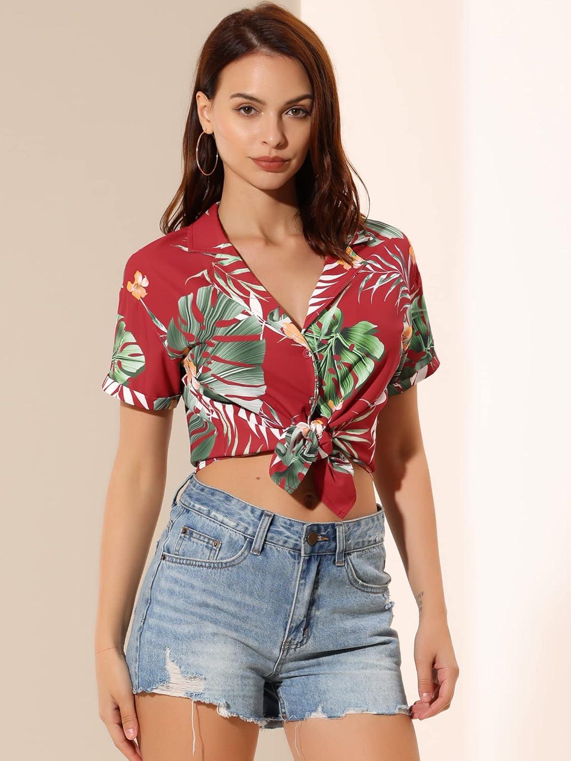imageAllegra K Womens Hawaiian Shirts Floral Top Printed Short Sleeve Button Down Shirt Summer Tropical TopsRed