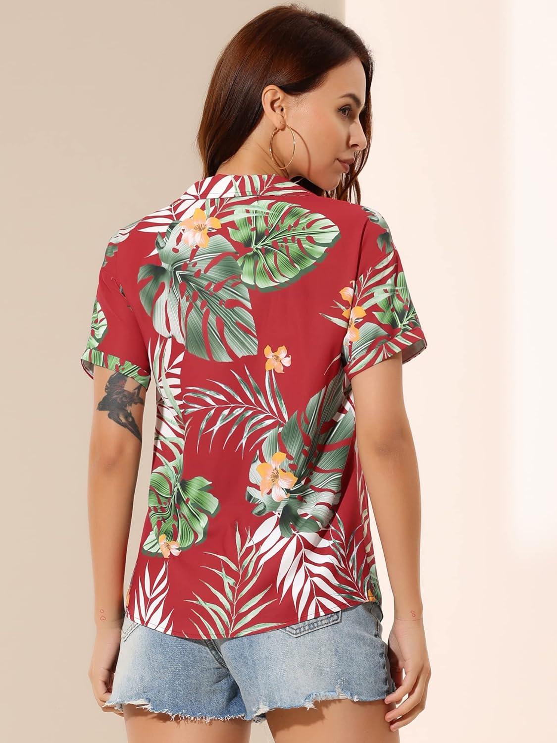 imageAllegra K Womens Hawaiian Shirts Floral Top Printed Short Sleeve Button Down Shirt Summer Tropical TopsRed