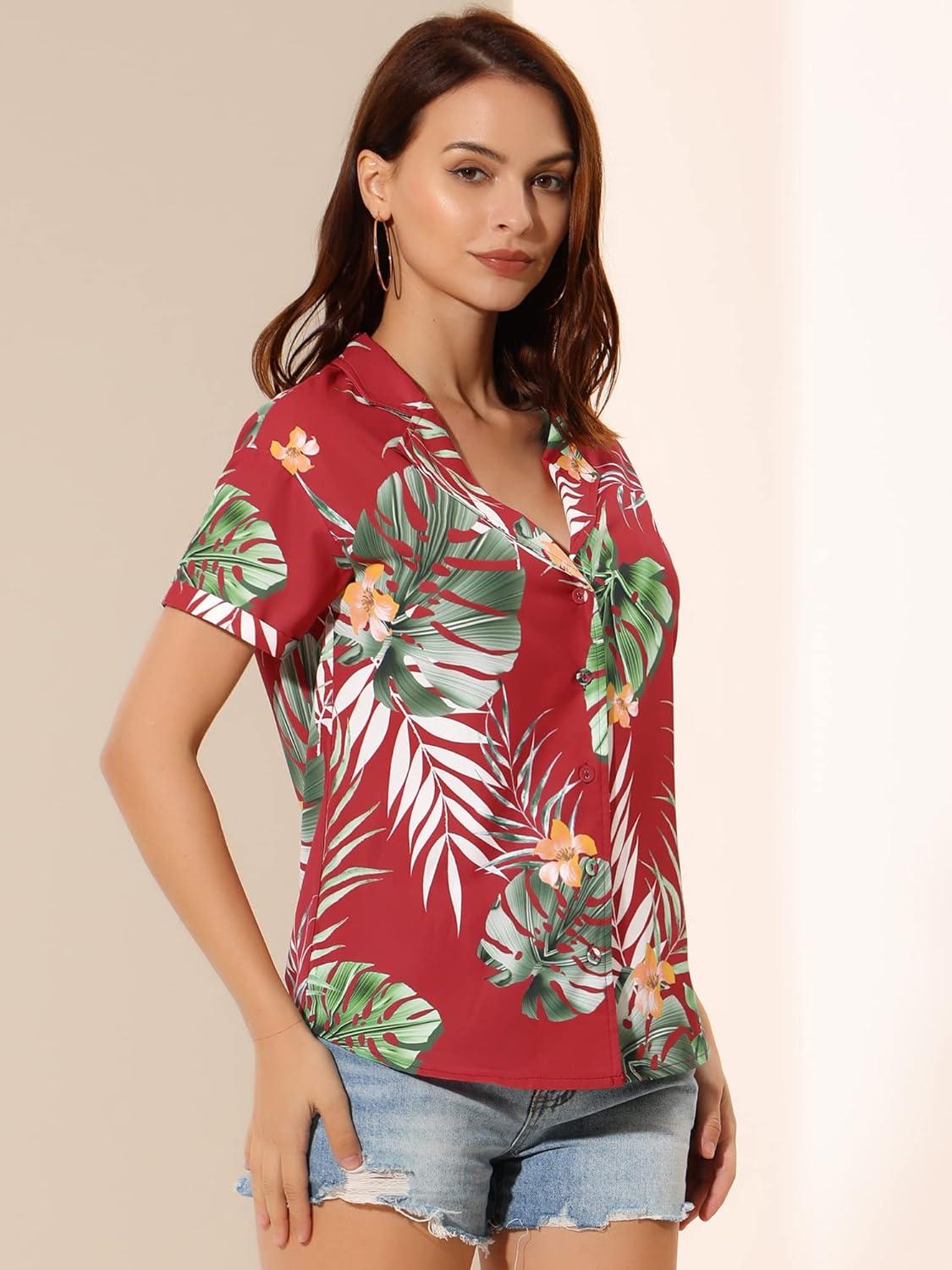 imageAllegra K Womens Hawaiian Shirts Floral Top Printed Short Sleeve Button Down Shirt Summer Tropical TopsRed