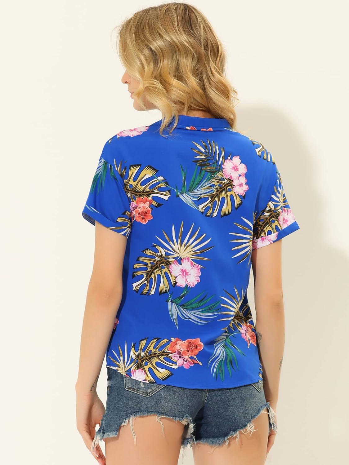 imageAllegra K Womens Hawaiian Shirts Floral Top Printed Short Sleeve Button Down Shirt Summer Tropical TopsRoyal Blue