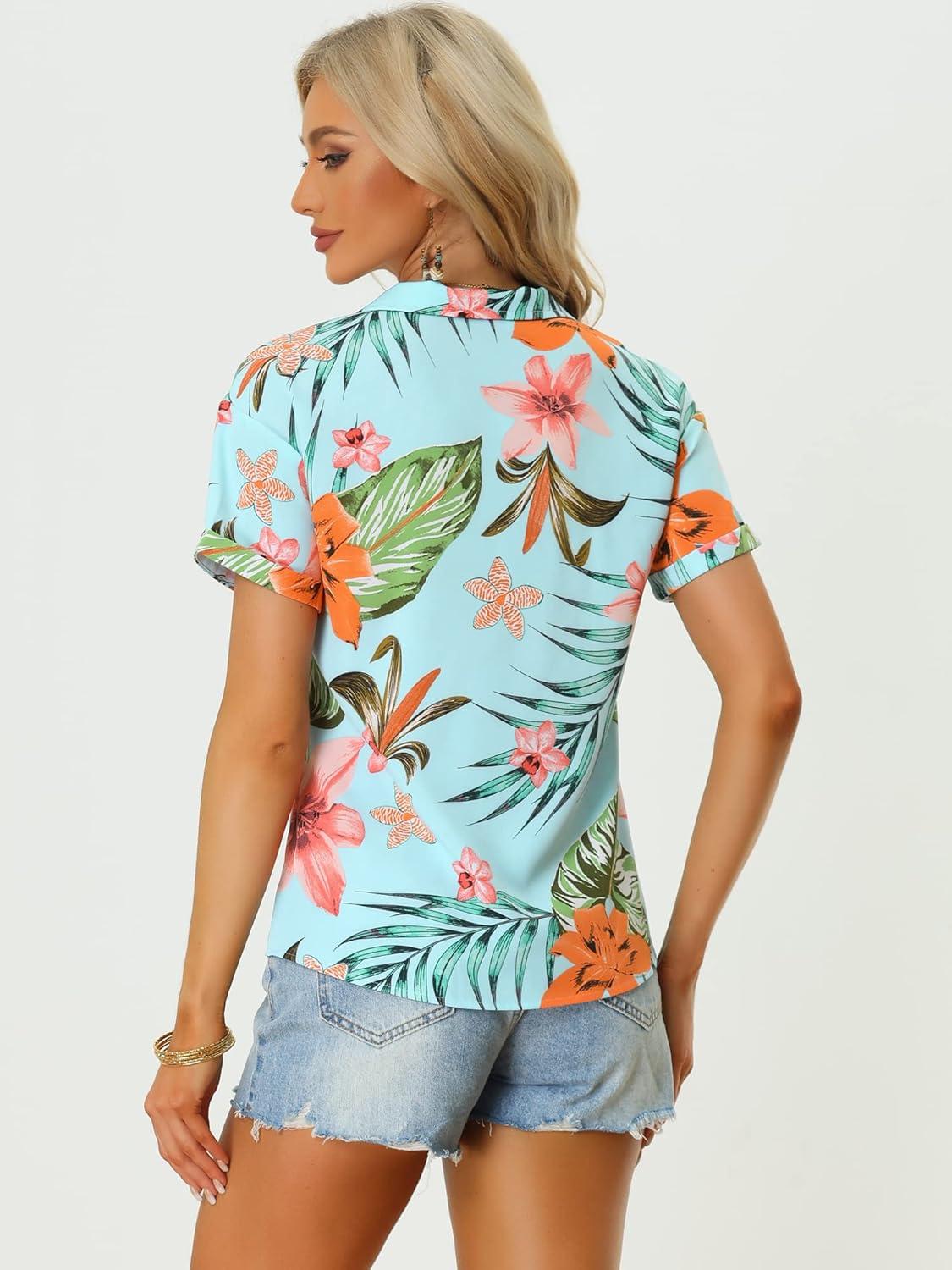 imageAllegra K Womens Hawaiian Shirts Floral Top Printed Short Sleeve Button Down Shirt Summer Tropical TopsSky Blue