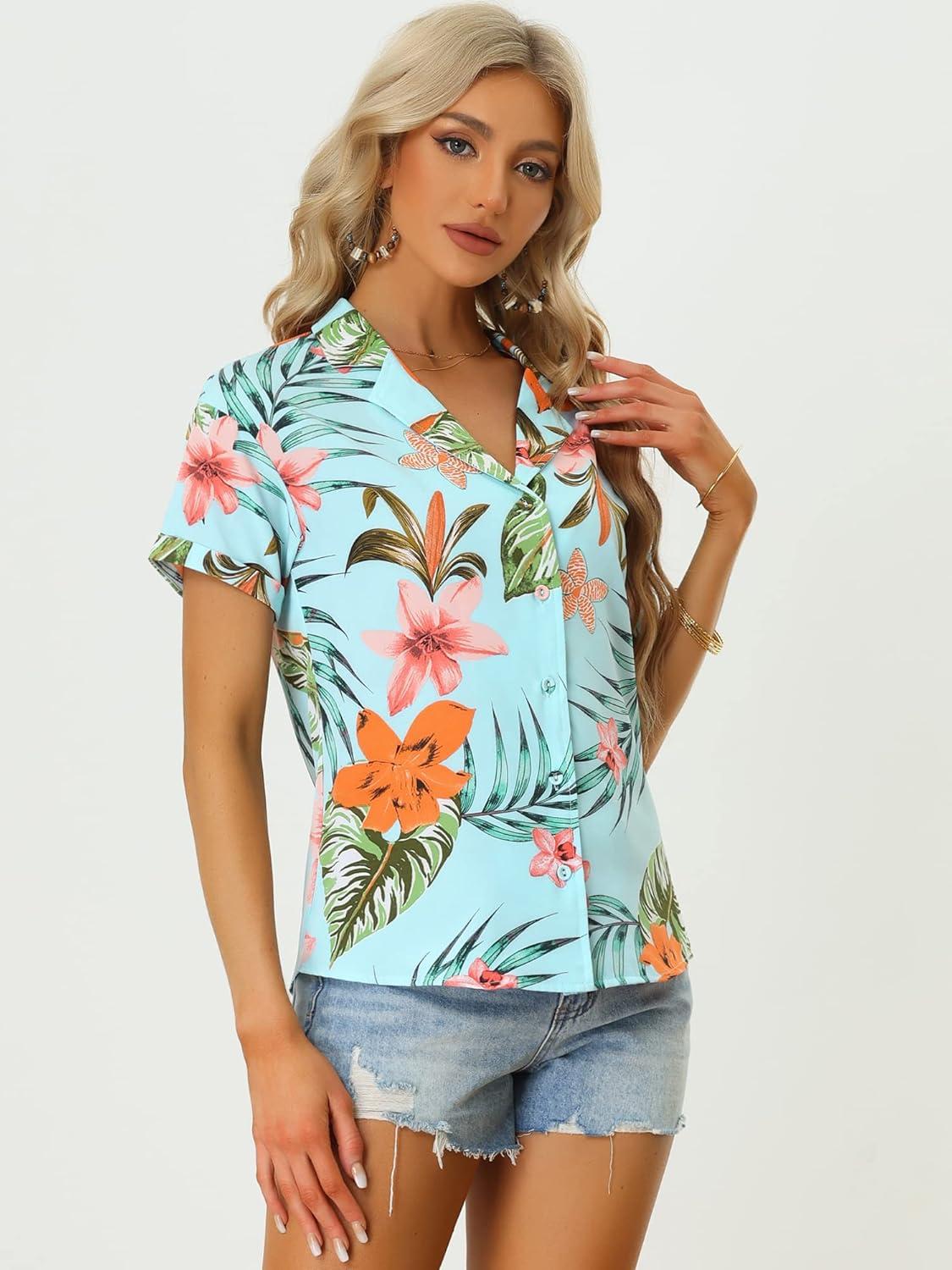 imageAllegra K Womens Hawaiian Shirts Floral Top Printed Short Sleeve Button Down Shirt Summer Tropical TopsSky Blue