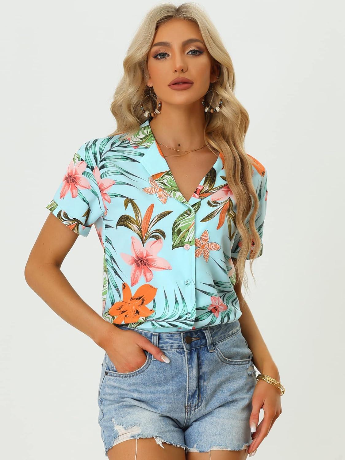 imageAllegra K Womens Hawaiian Shirts Floral Top Printed Short Sleeve Button Down Shirt Summer Tropical TopsSky Blue