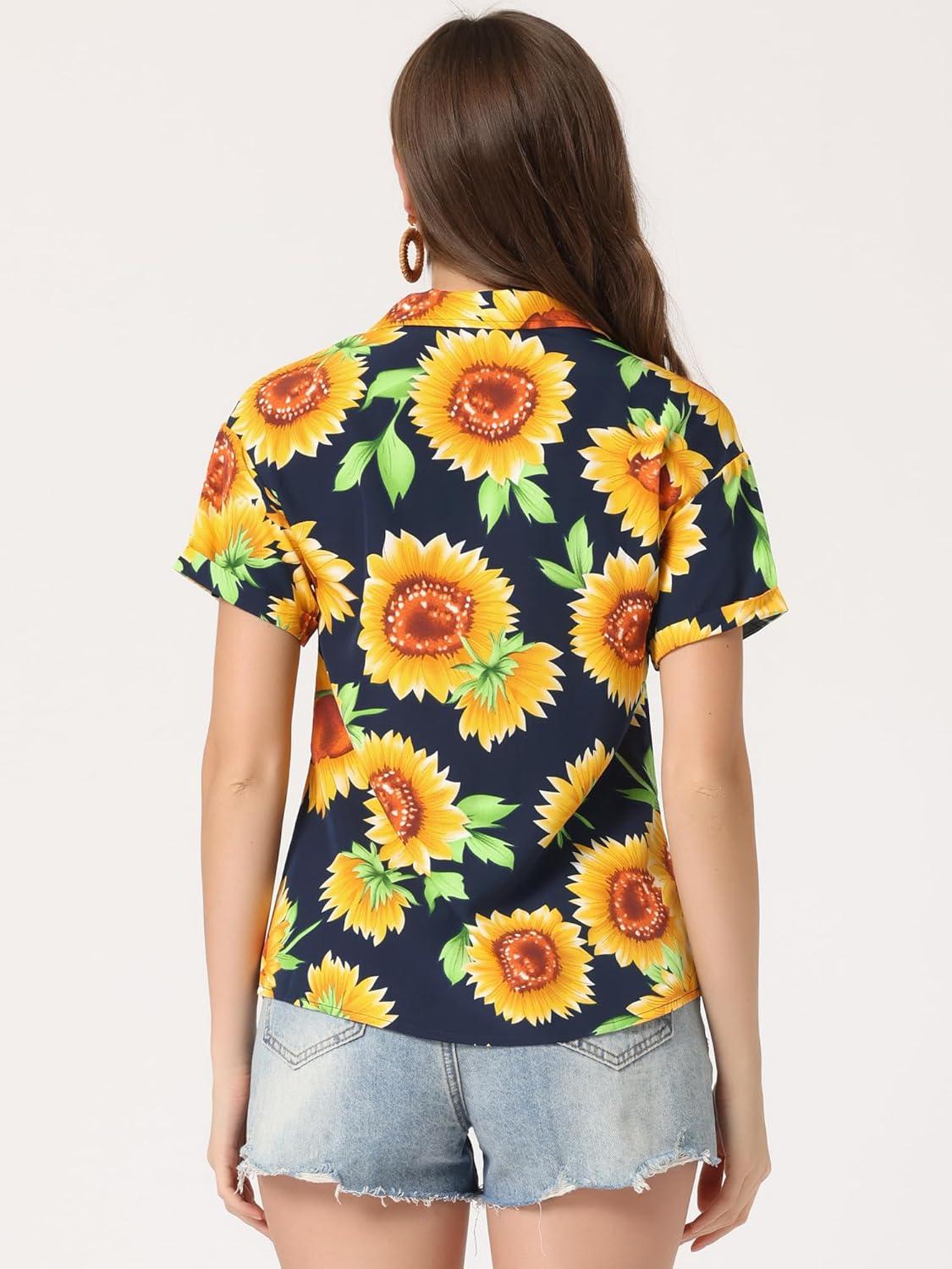 imageAllegra K Womens Hawaiian Shirts Floral Top Printed Short Sleeve Button Down Shirt Summer Tropical TopsSunflower