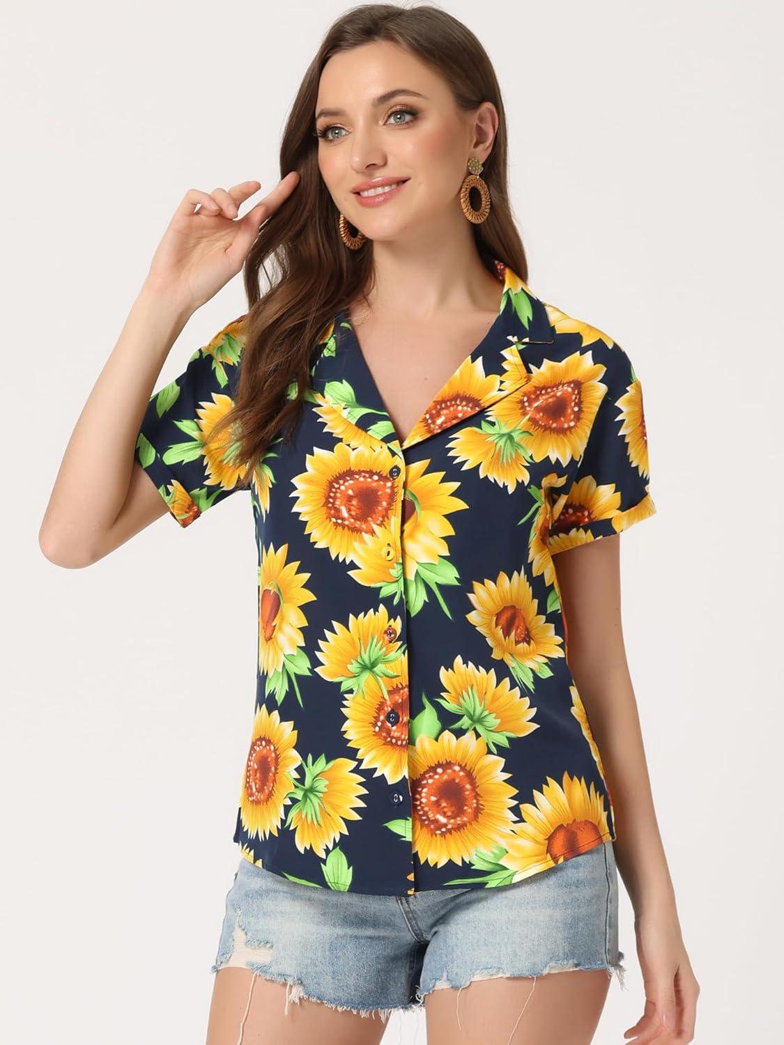 imageAllegra K Womens Hawaiian Shirts Floral Top Printed Short Sleeve Button Down Shirt Summer Tropical TopsSunflower