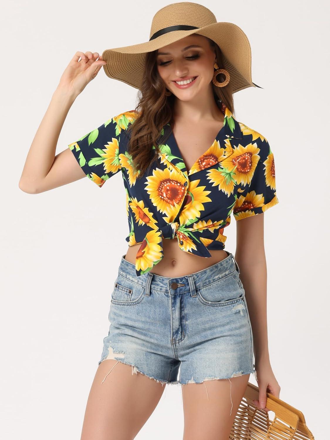 imageAllegra K Womens Hawaiian Shirts Floral Top Printed Short Sleeve Button Down Shirt Summer Tropical TopsSunflower