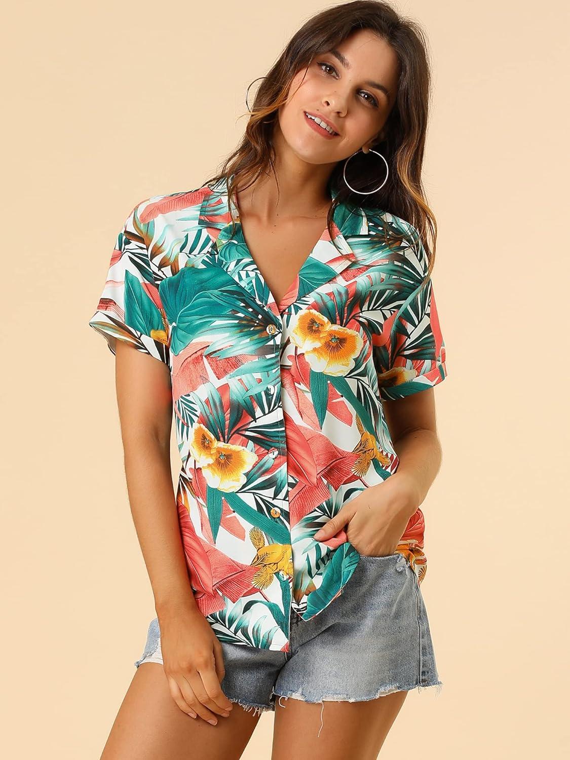 imageAllegra K Womens Hawaiian Shirts Floral Top Printed Short Sleeve Button Down Shirt Summer Tropical TopsWhite