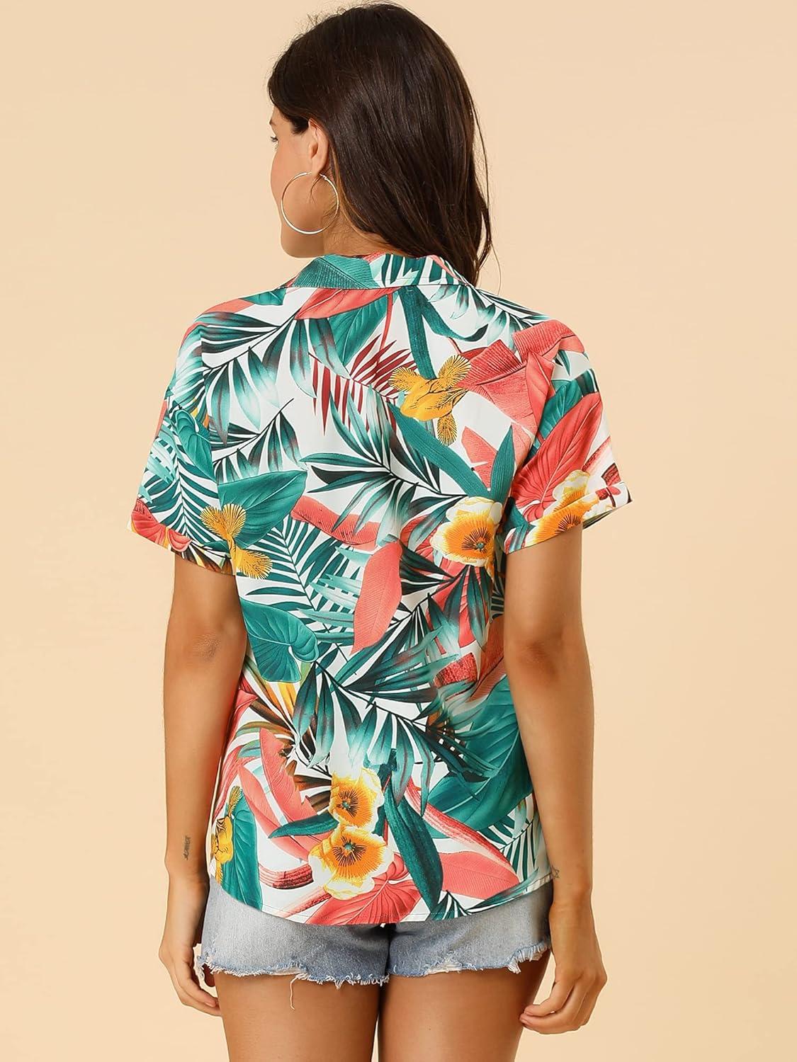 imageAllegra K Womens Hawaiian Shirts Floral Top Printed Short Sleeve Button Down Shirt Summer Tropical TopsWhite