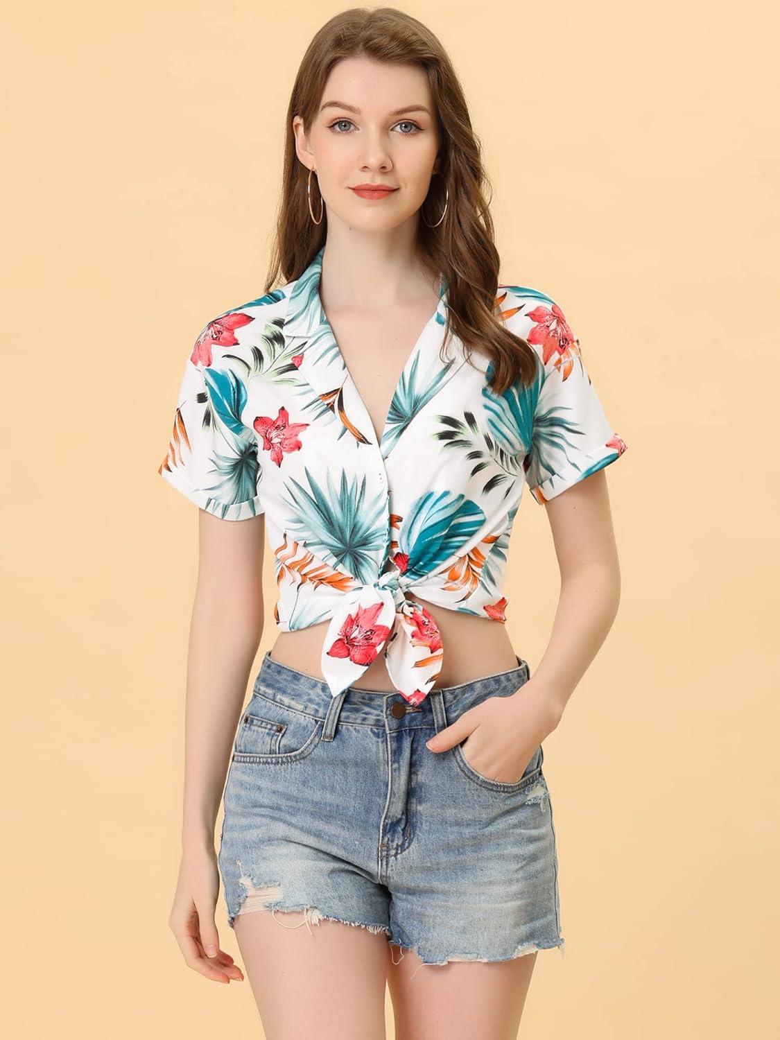 imageAllegra K Womens Hawaiian Shirts Floral Top Printed Short Sleeve Button Down Shirt Summer Tropical TopsWhite Floral