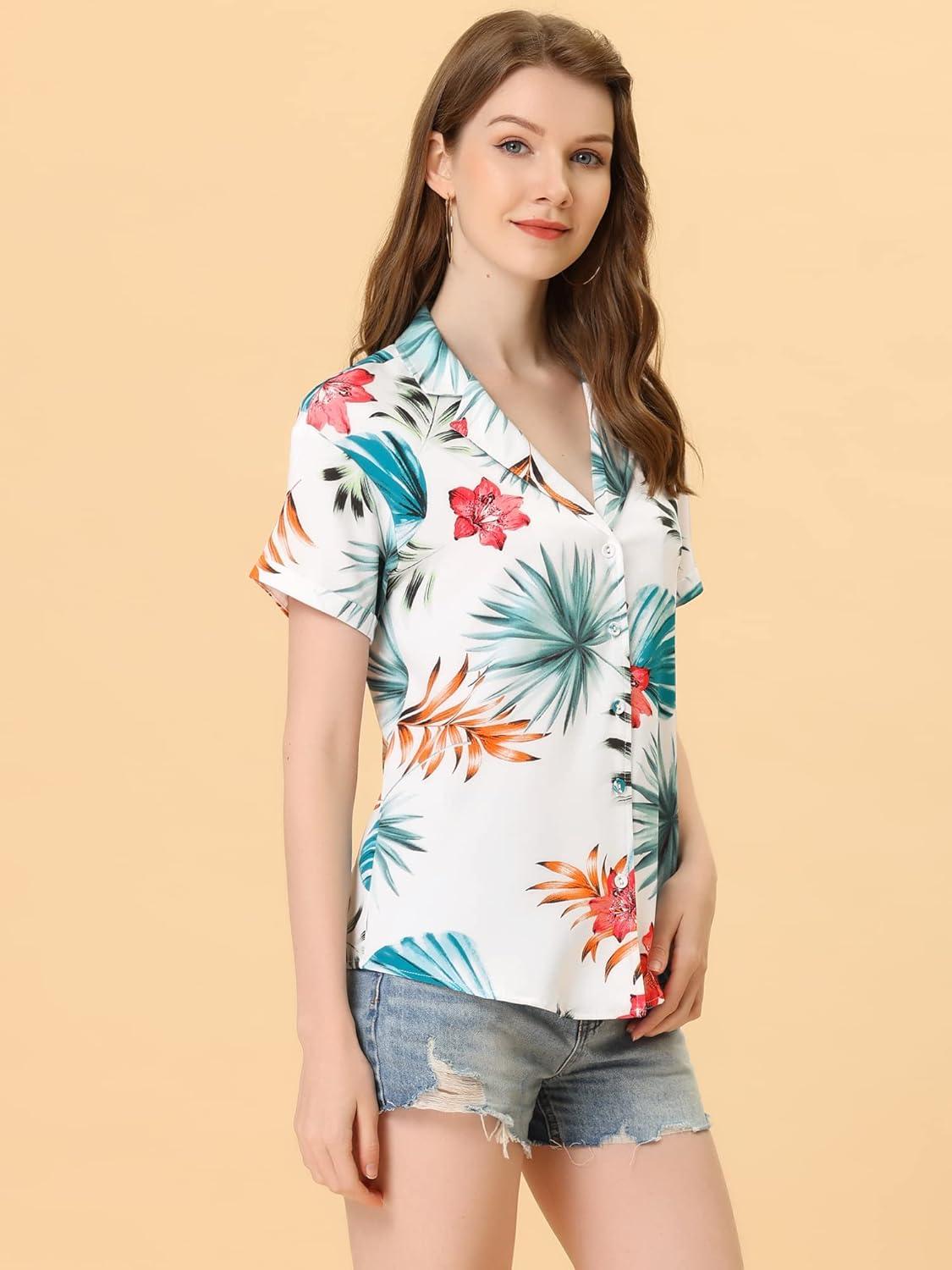 imageAllegra K Womens Hawaiian Shirts Floral Top Printed Short Sleeve Button Down Shirt Summer Tropical TopsWhite Floral