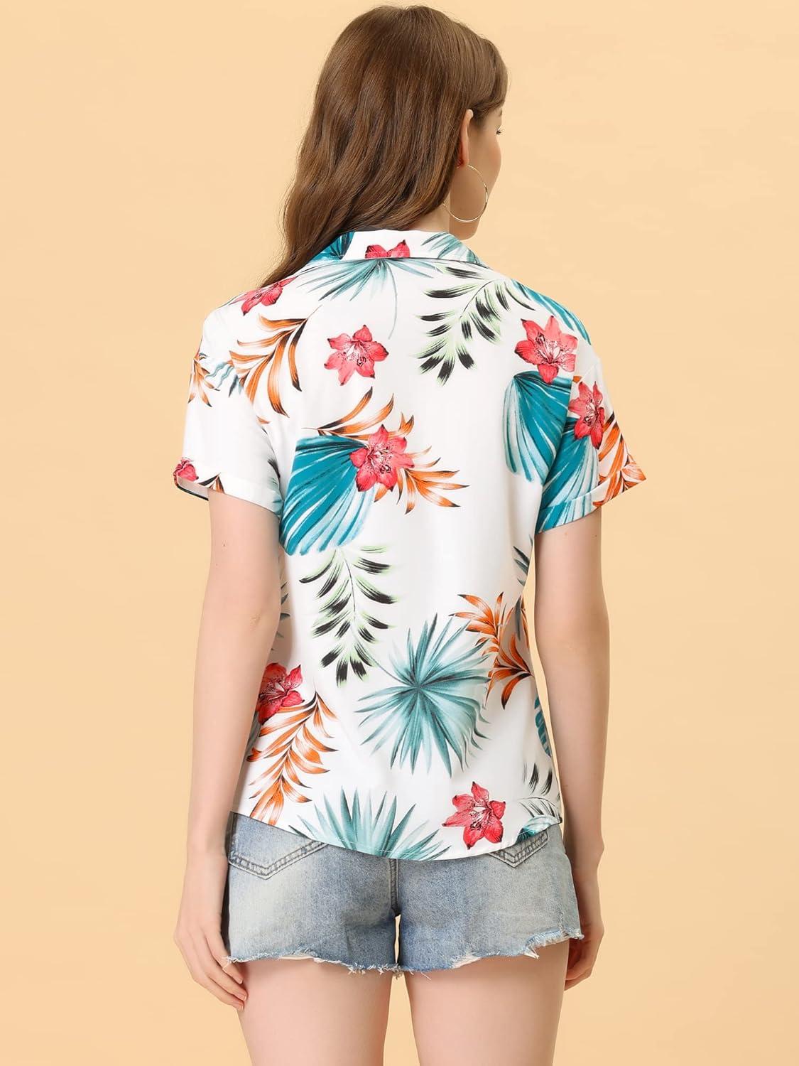 imageAllegra K Womens Hawaiian Shirts Floral Top Printed Short Sleeve Button Down Shirt Summer Tropical TopsWhite Floral