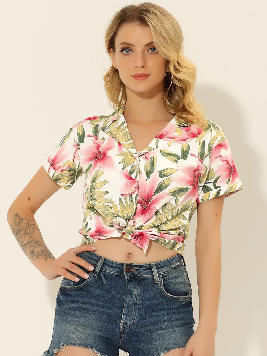 imageAllegra K Womens Hawaiian Shirts Floral Top Printed Short Sleeve Button Down Shirt Summer Tropical TopsWhite Pink