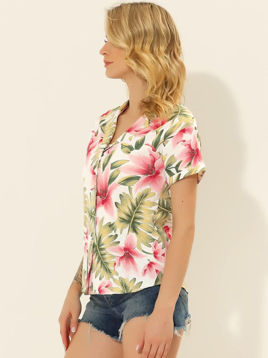 imageAllegra K Womens Hawaiian Shirts Floral Top Printed Short Sleeve Button Down Shirt Summer Tropical TopsWhite Pink