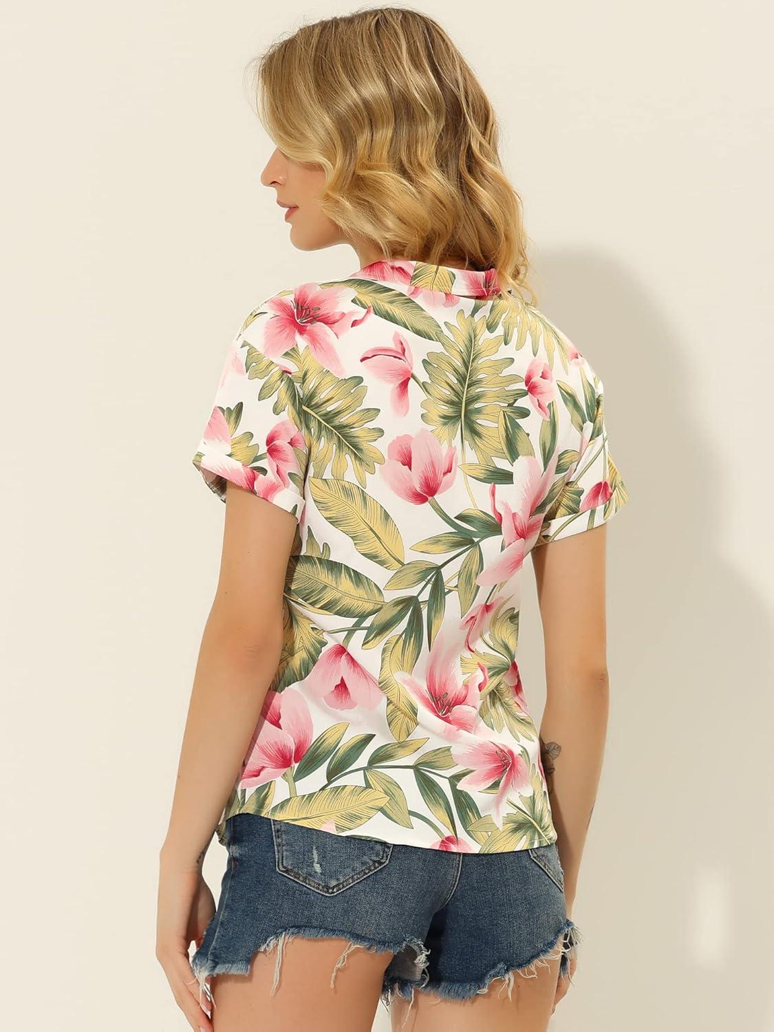 imageAllegra K Womens Hawaiian Shirts Floral Top Printed Short Sleeve Button Down Shirt Summer Tropical TopsWhite Pink