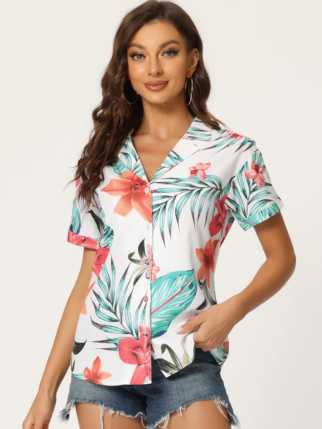 imageAllegra K Womens Hawaiian Shirts Floral Top Printed Short Sleeve Button Down Shirt Summer Tropical TopsWhite a