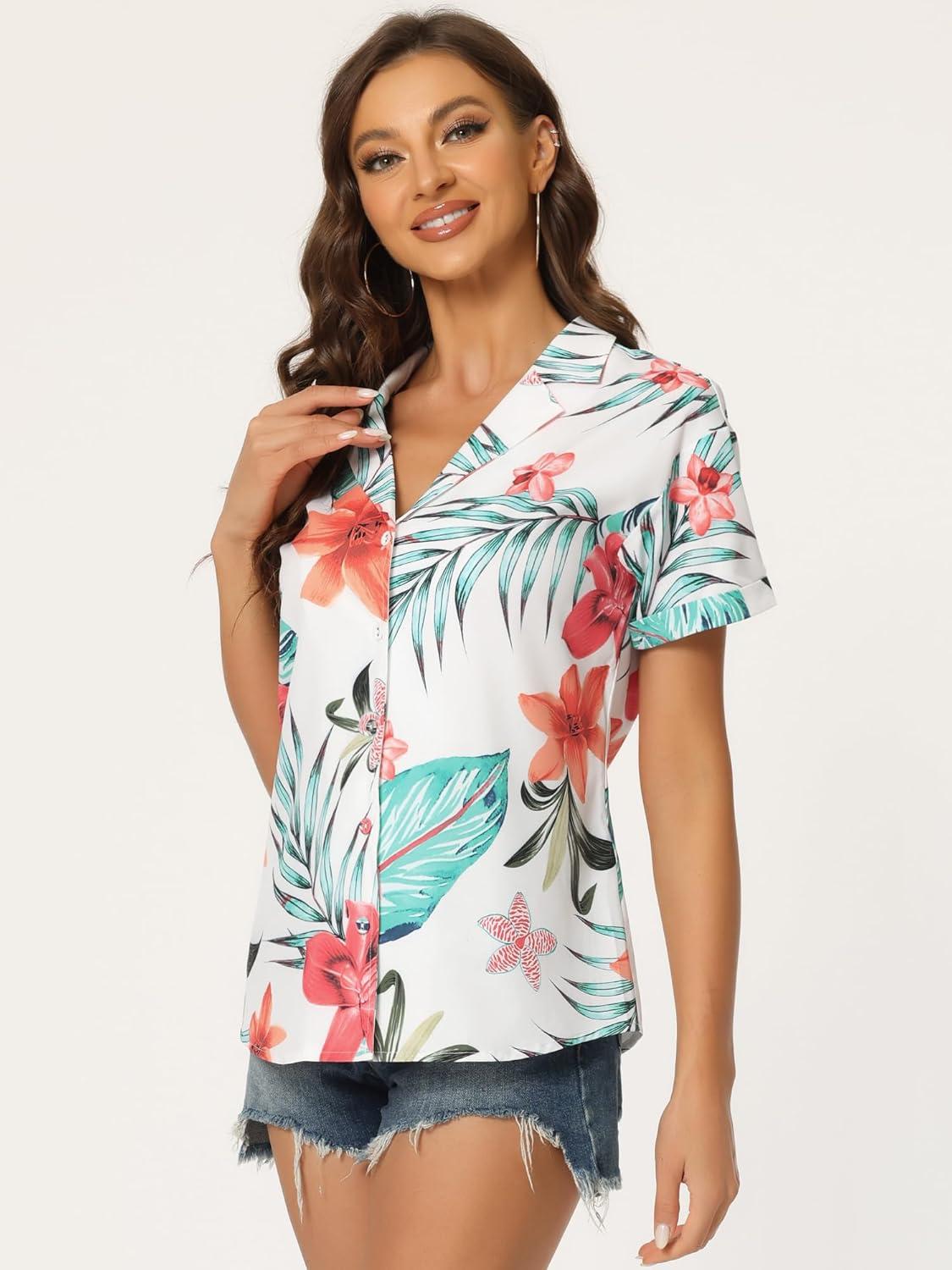 imageAllegra K Womens Hawaiian Shirts Floral Top Printed Short Sleeve Button Down Shirt Summer Tropical TopsWhite a