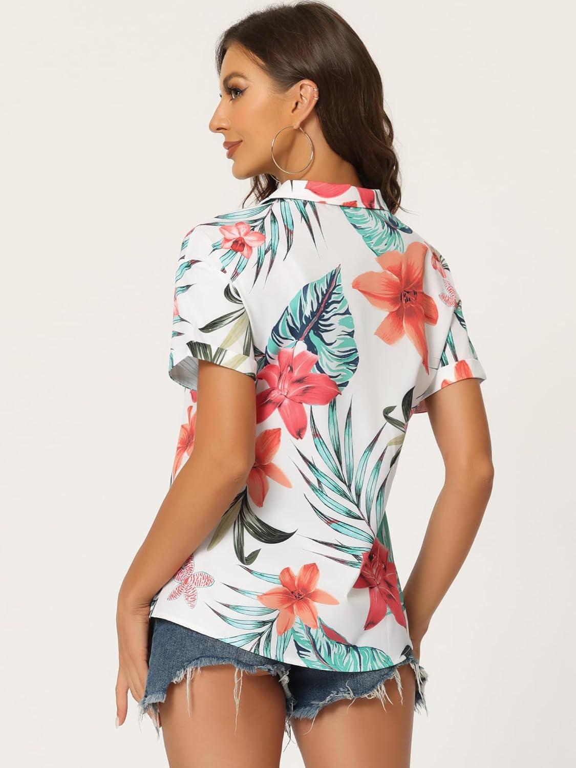 imageAllegra K Womens Hawaiian Shirts Floral Top Printed Short Sleeve Button Down Shirt Summer Tropical TopsWhite a