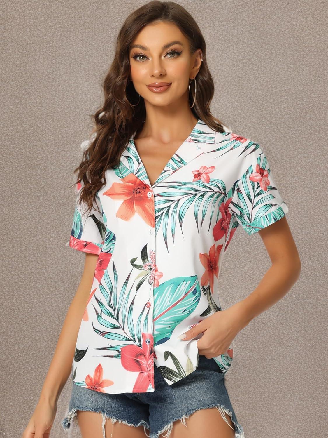 imageAllegra K Womens Hawaiian Shirts Floral Top Printed Short Sleeve Button Down Shirt Summer Tropical TopsWhite a
