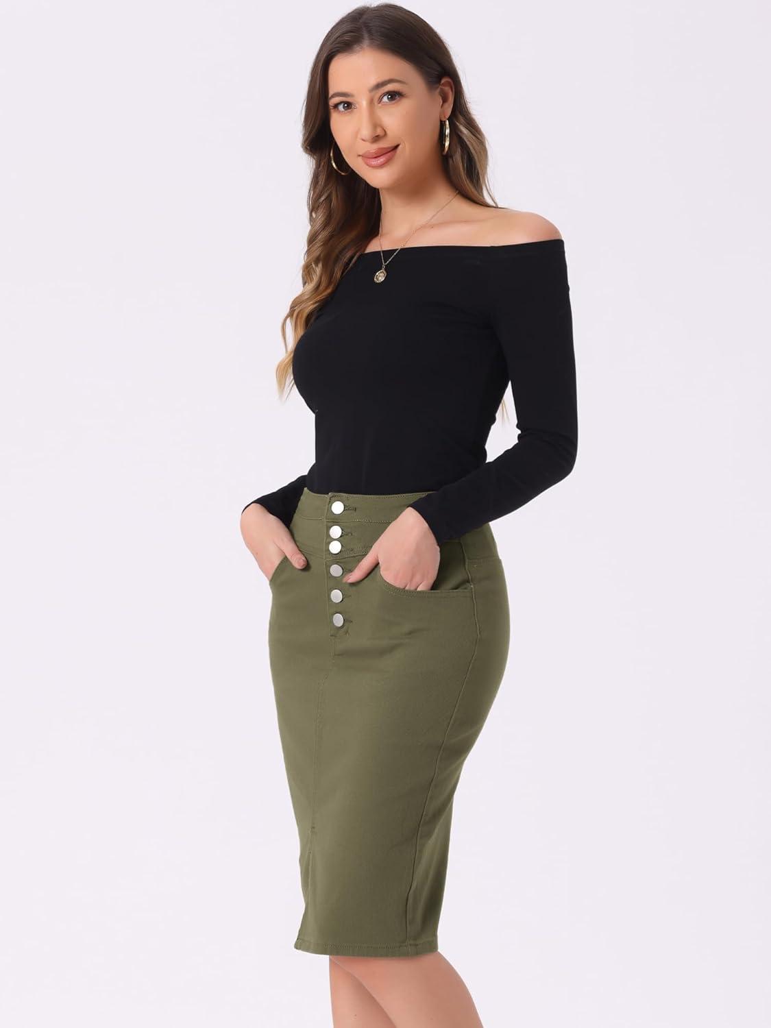 imageAllegra K Womens Jean Skirts Split Casual High Waist Bodycon Denim Pencil SkirtArmy Green