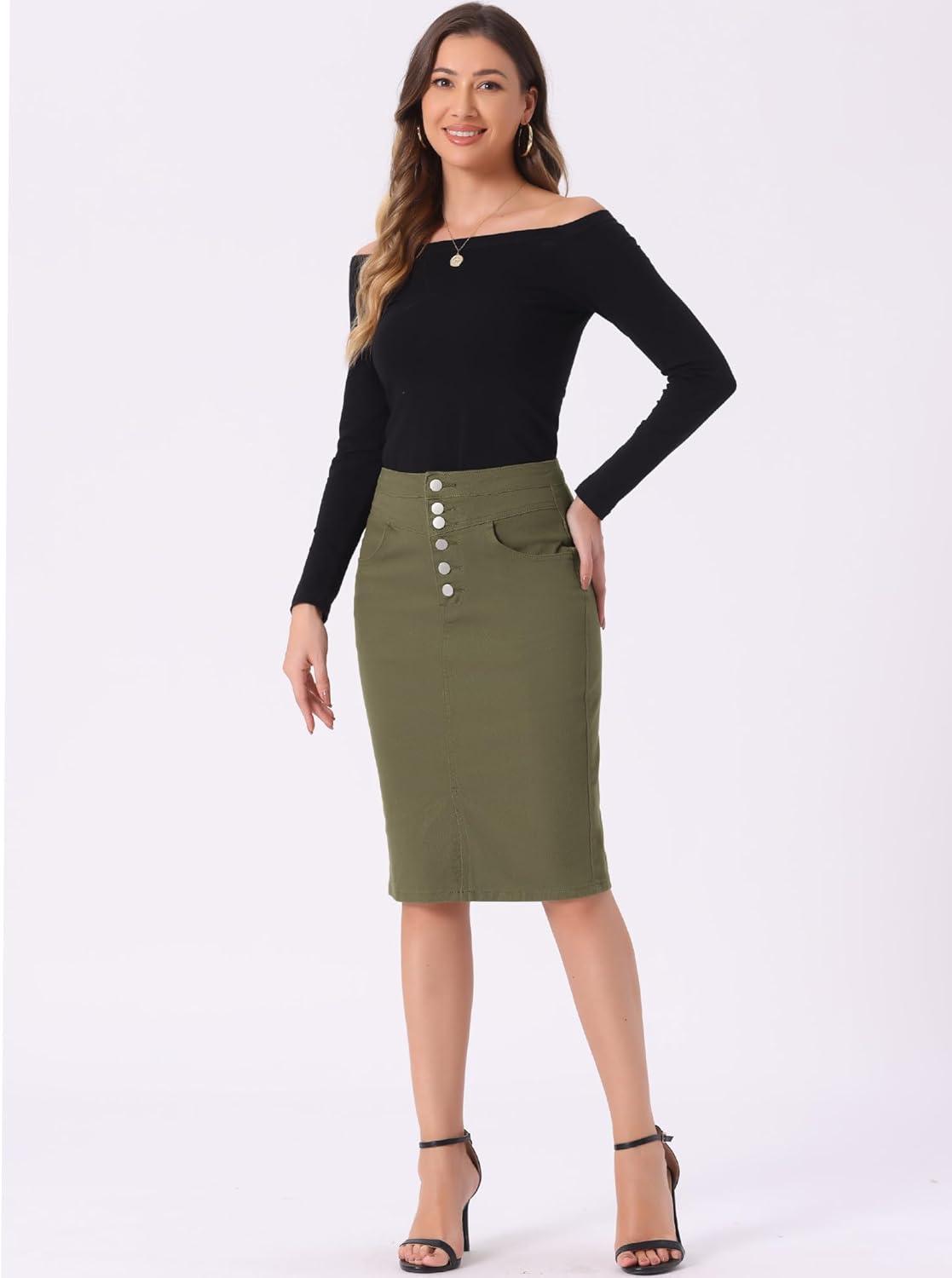 imageAllegra K Womens Jean Skirts Split Casual High Waist Bodycon Denim Pencil SkirtArmy Green