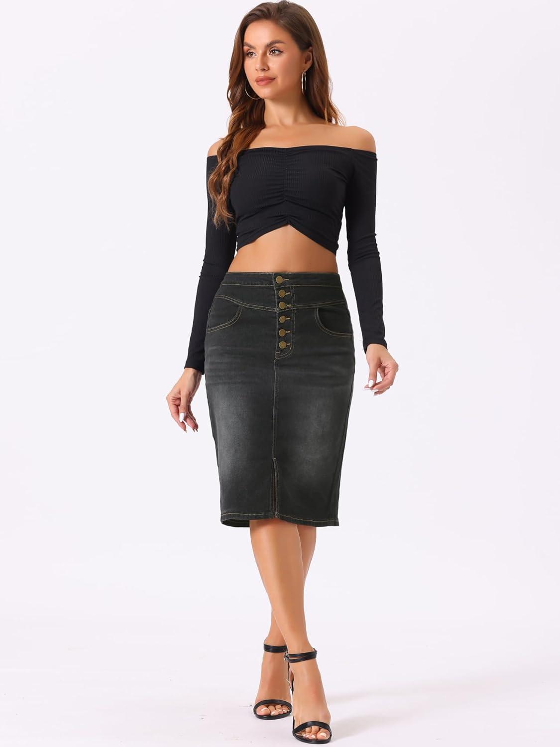 imageAllegra K Womens Jean Skirts Split Casual High Waist Bodycon Denim Pencil SkirtBlack