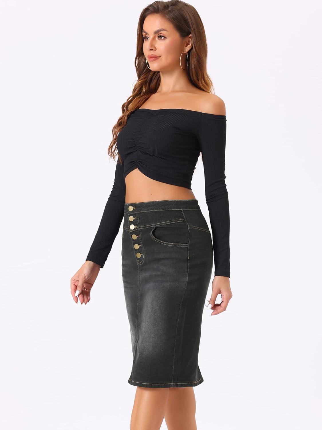 imageAllegra K Womens Jean Skirts Split Casual High Waist Bodycon Denim Pencil SkirtBlack