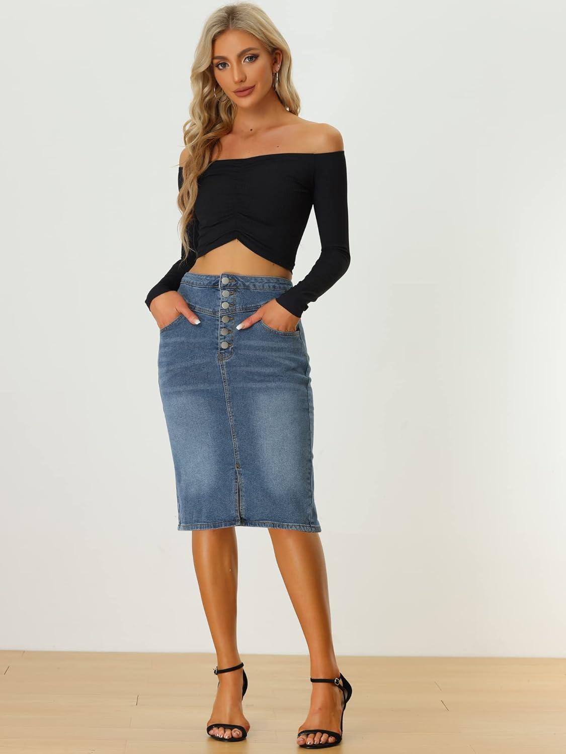 imageAllegra K Womens Jean Skirts Split Casual High Waist Bodycon Denim Pencil SkirtBlue