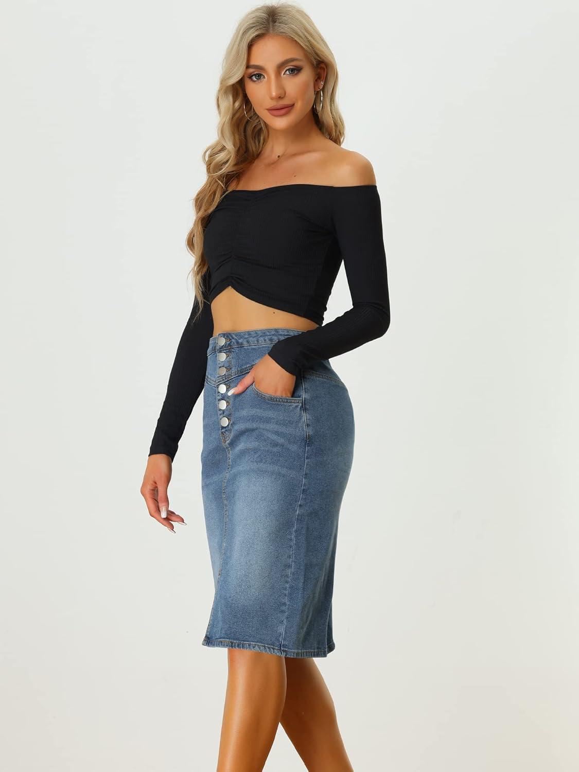 imageAllegra K Womens Jean Skirts Split Casual High Waist Bodycon Denim Pencil SkirtBlue