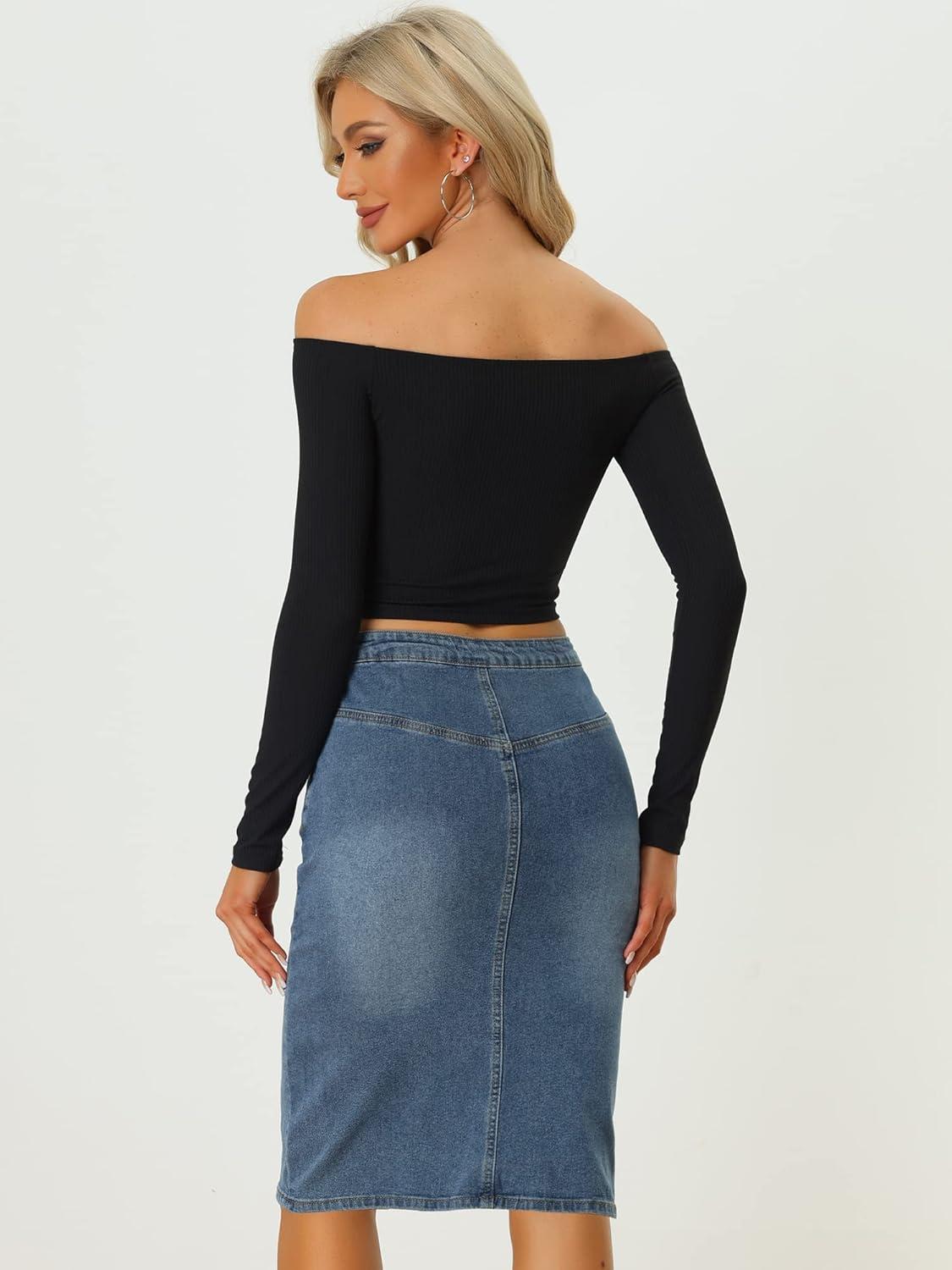 imageAllegra K Womens Jean Skirts Split Casual High Waist Bodycon Denim Pencil SkirtBlue