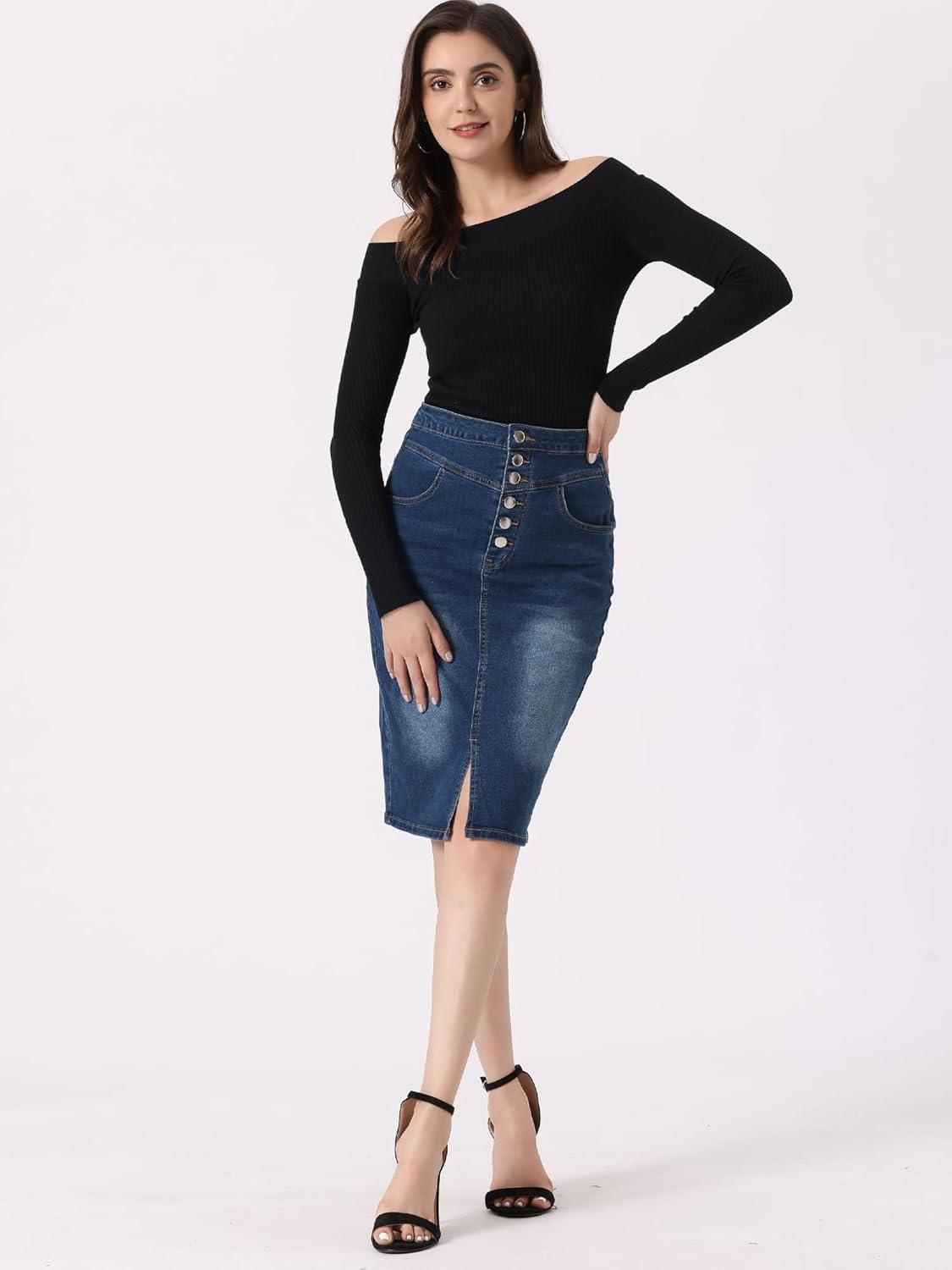 imageAllegra K Womens Jean Skirts Split Casual High Waist Bodycon Denim Pencil SkirtDark Blue