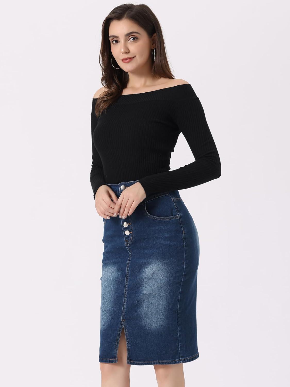 imageAllegra K Womens Jean Skirts Split Casual High Waist Bodycon Denim Pencil SkirtDark Blue