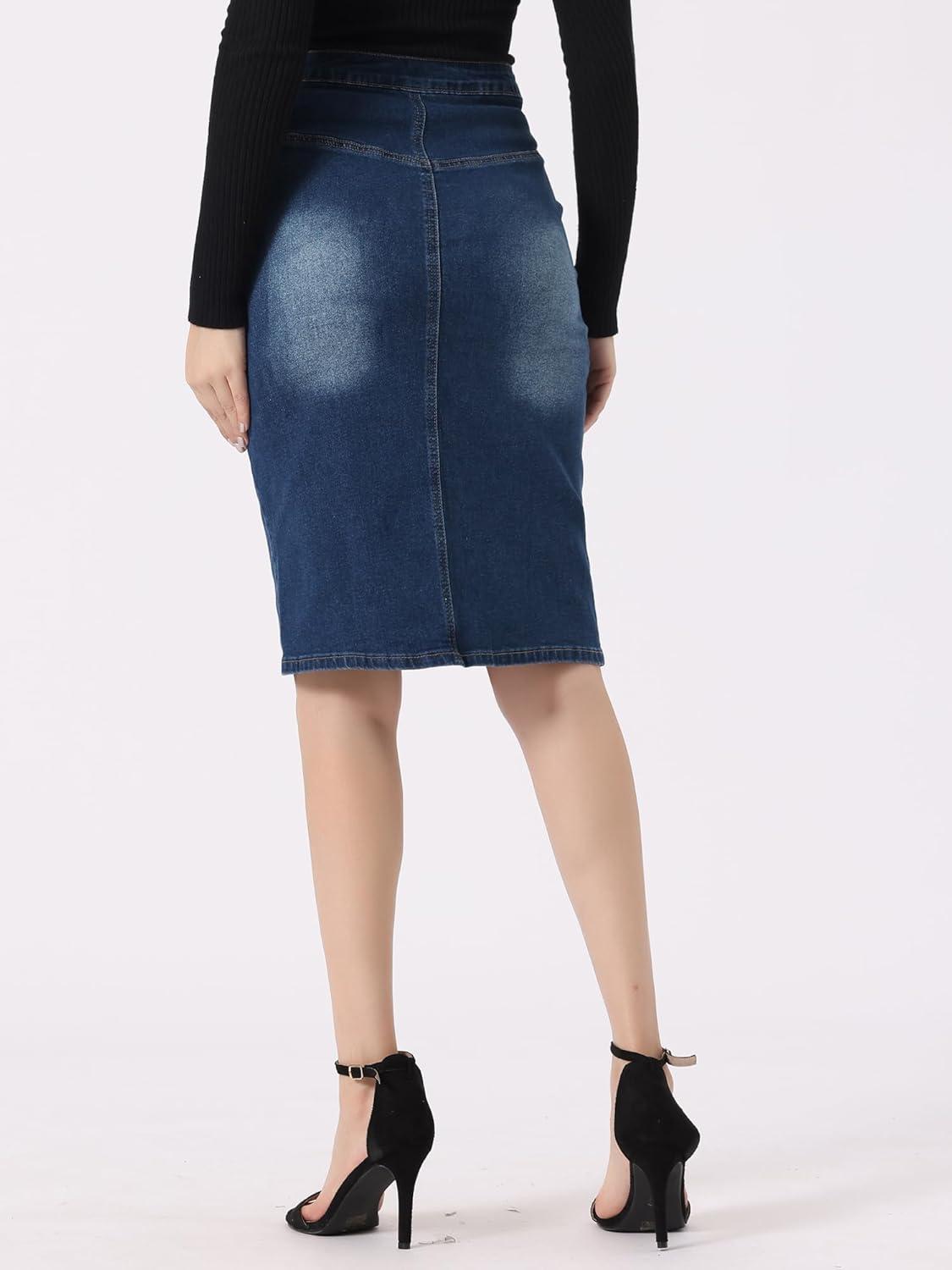 imageAllegra K Womens Jean Skirts Split Casual High Waist Bodycon Denim Pencil SkirtDark Blue