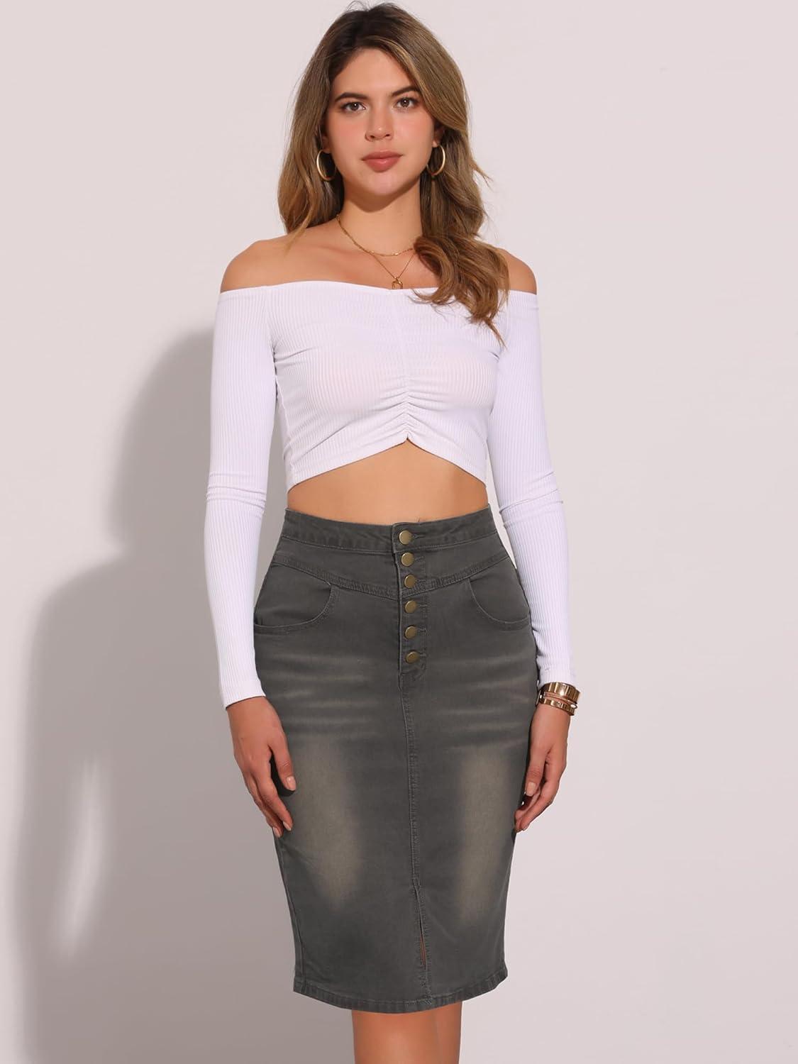 imageAllegra K Womens Jean Skirts Split Casual High Waist Bodycon Denim Pencil SkirtDark Grey