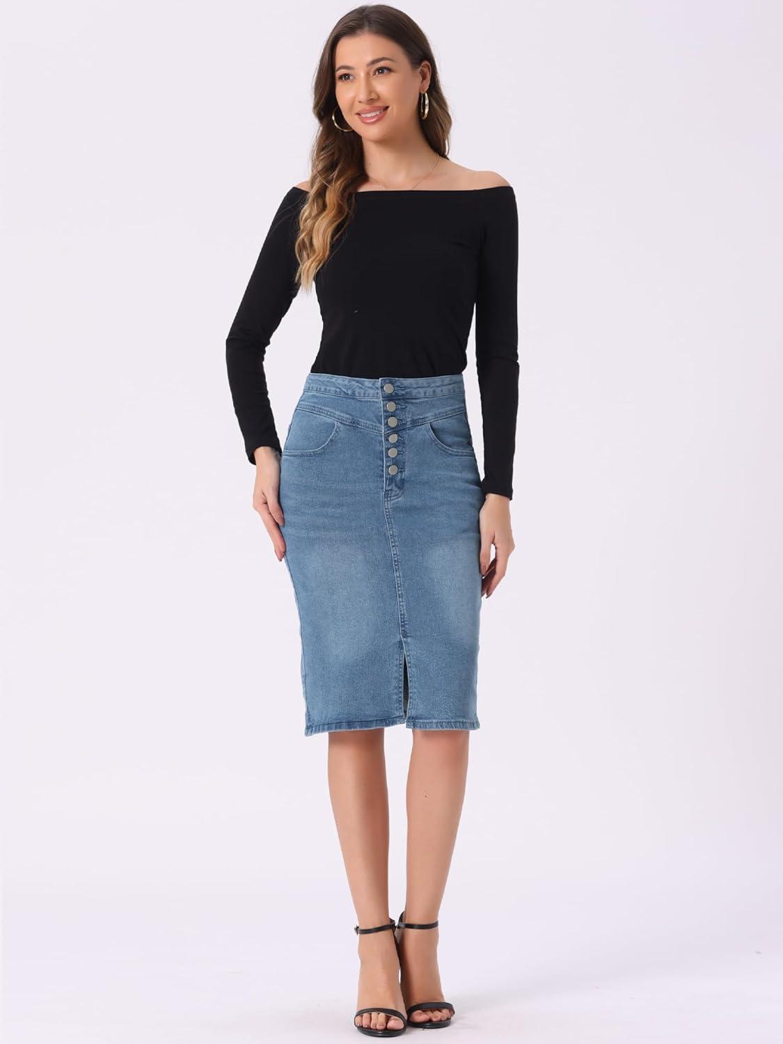 imageAllegra K Womens Jean Skirts Split Casual High Waist Bodycon Denim Pencil SkirtLight Blue