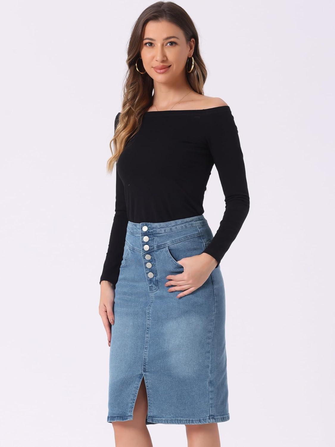 imageAllegra K Womens Jean Skirts Split Casual High Waist Bodycon Denim Pencil SkirtLight Blue