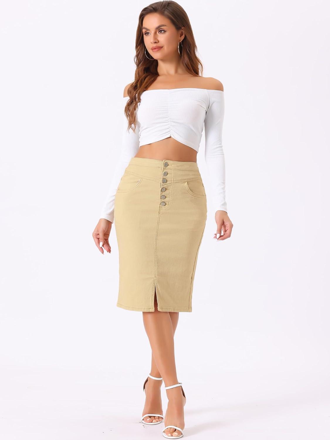 imageAllegra K Womens Jean Skirts Split Casual High Waist Bodycon Denim Pencil SkirtLight Khaki