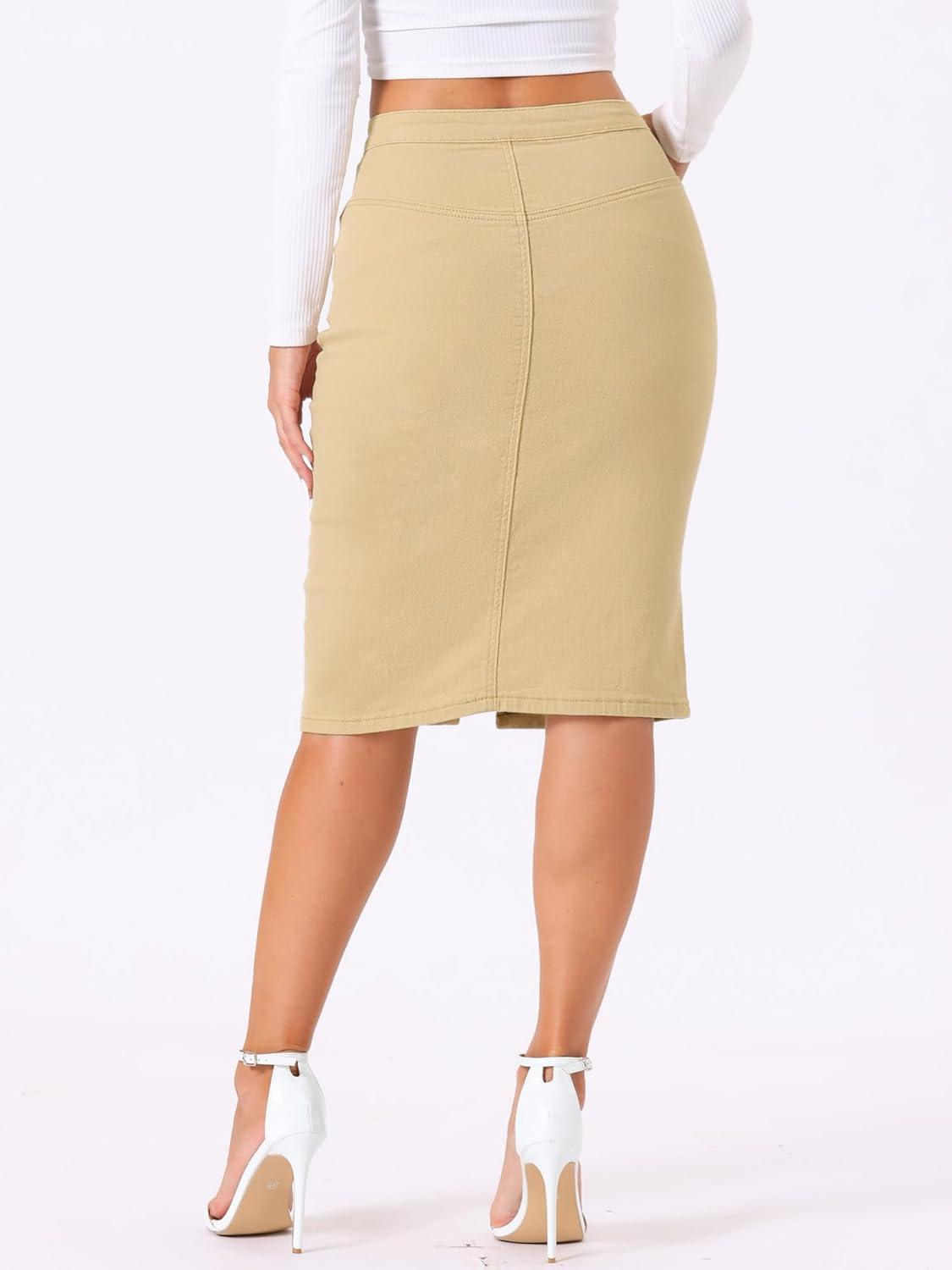 imageAllegra K Womens Jean Skirts Split Casual High Waist Bodycon Denim Pencil SkirtLight Khaki