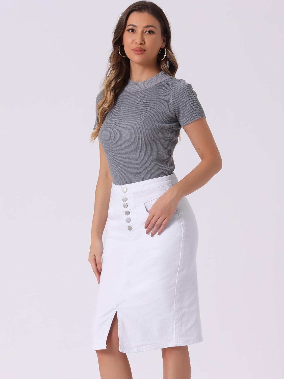 imageAllegra K Womens Jean Skirts Split Casual High Waist Bodycon Denim Pencil SkirtWhite