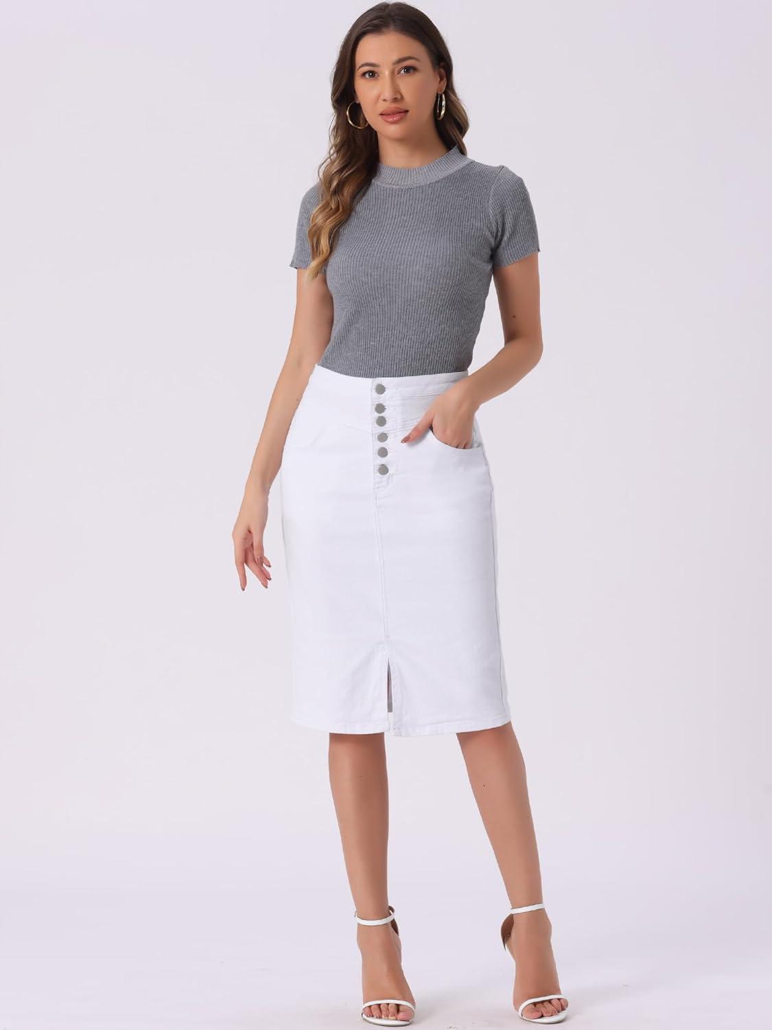 imageAllegra K Womens Jean Skirts Split Casual High Waist Bodycon Denim Pencil SkirtWhite