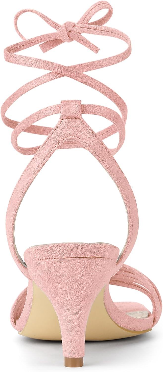 imageAllegra K Womens Kitten Heel Lace Up Suede Heel SandalsLight Pink