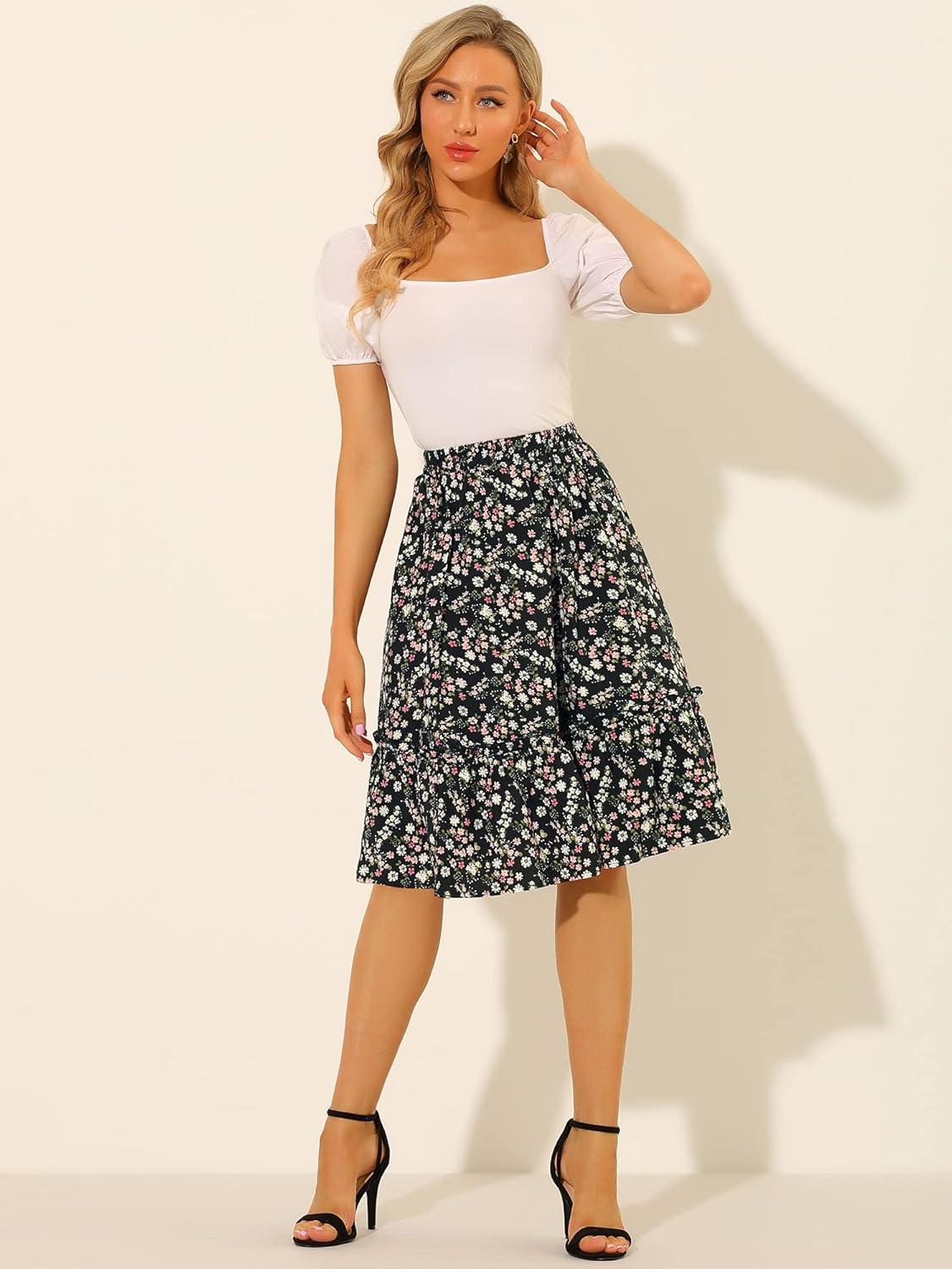 imageAllegra K Womens Knee Length Skirt Floral Elastic Waist Flowy Tiered ALine Ruffle SkirtBlack