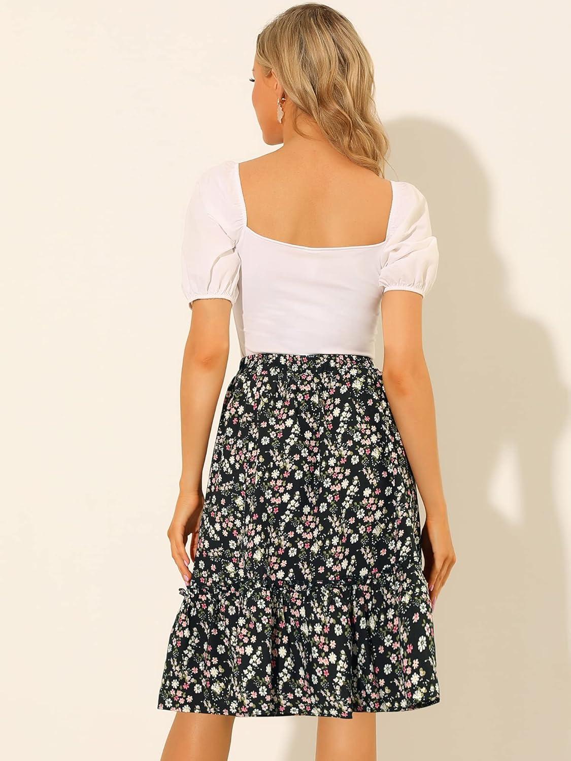 imageAllegra K Womens Knee Length Skirt Floral Elastic Waist Flowy Tiered ALine Ruffle SkirtBlack