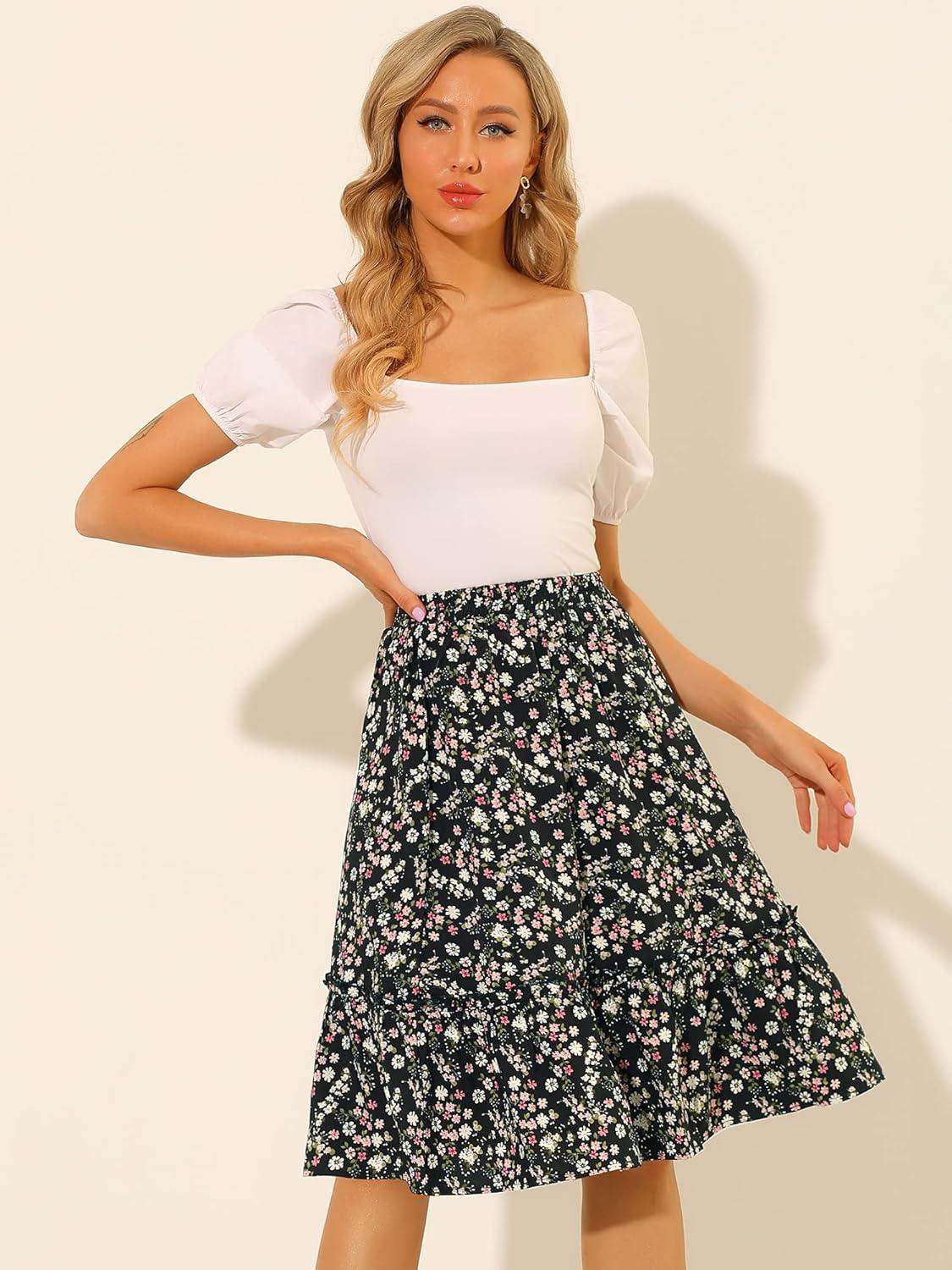 imageAllegra K Womens Knee Length Skirt Floral Elastic Waist Flowy Tiered ALine Ruffle SkirtBlack