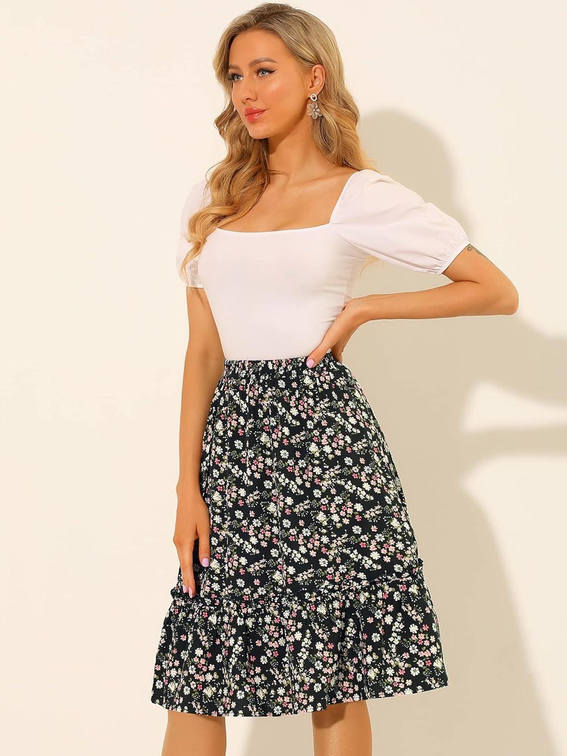 imageAllegra K Womens Knee Length Skirt Floral Elastic Waist Flowy Tiered ALine Ruffle SkirtBlack