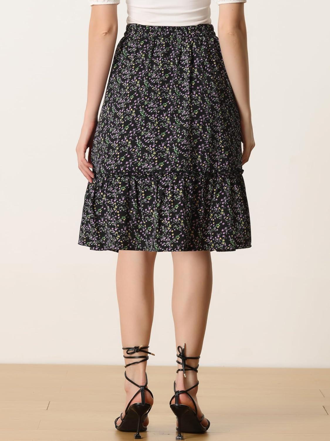 imageAllegra K Womens Knee Length Skirt Floral Elastic Waist Flowy Tiered ALine Ruffle SkirtBlack Floral