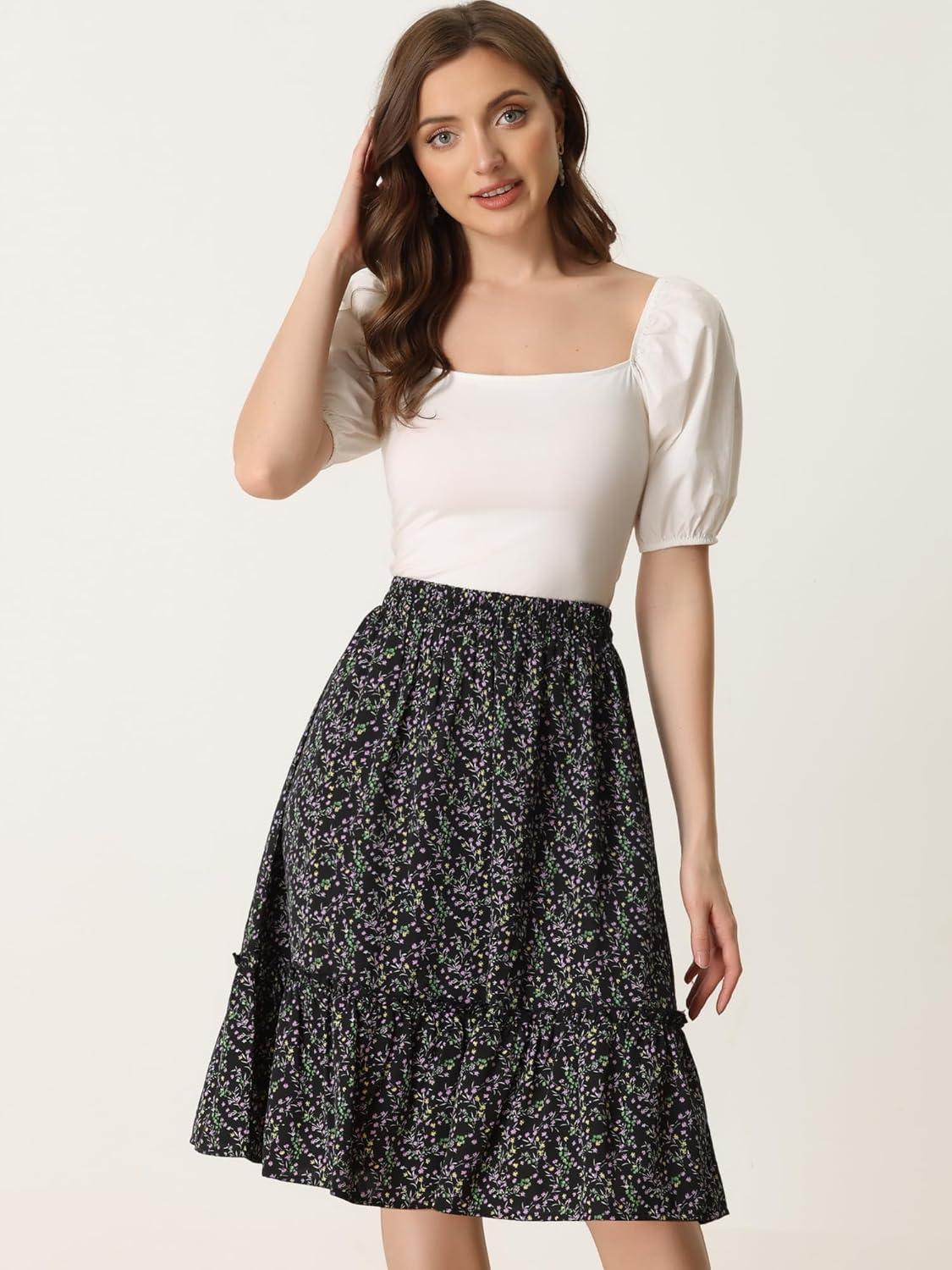 imageAllegra K Womens Knee Length Skirt Floral Elastic Waist Flowy Tiered ALine Ruffle SkirtBlack Floral